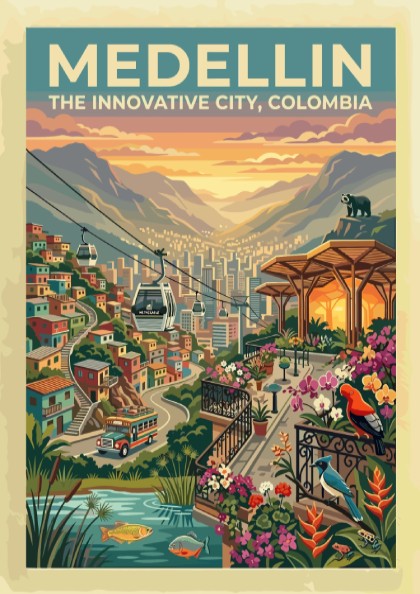 Medellin travel poster featuring cable cars over a mountain city with tropical flowers.