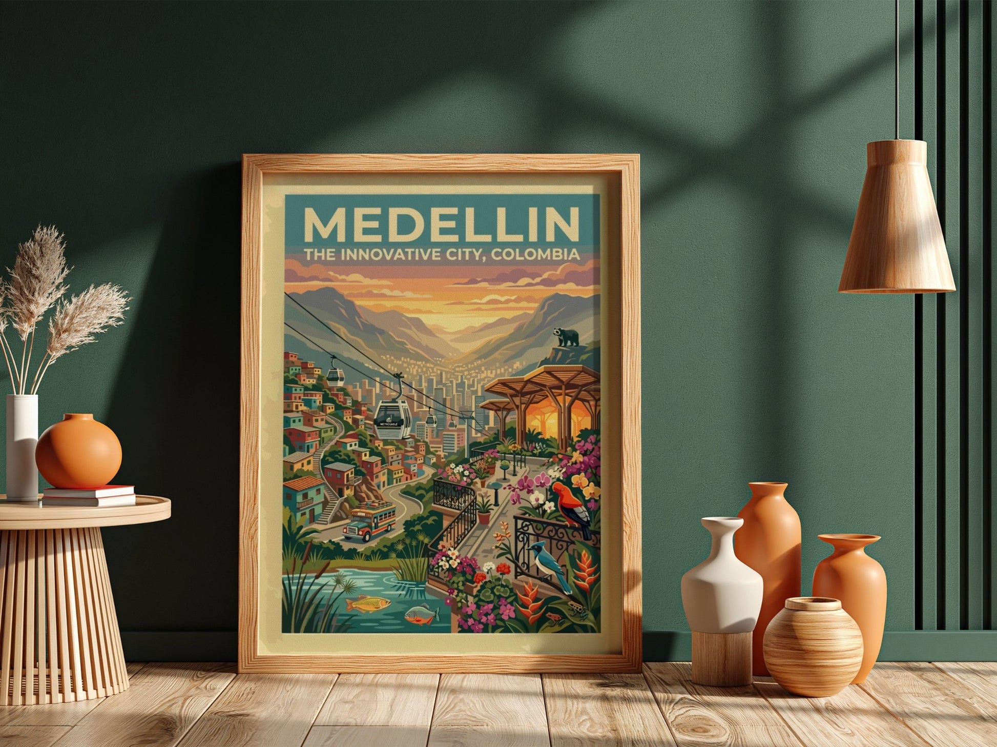Medellin travel poster featuring cable cars over a mountain city with tropical flowers.