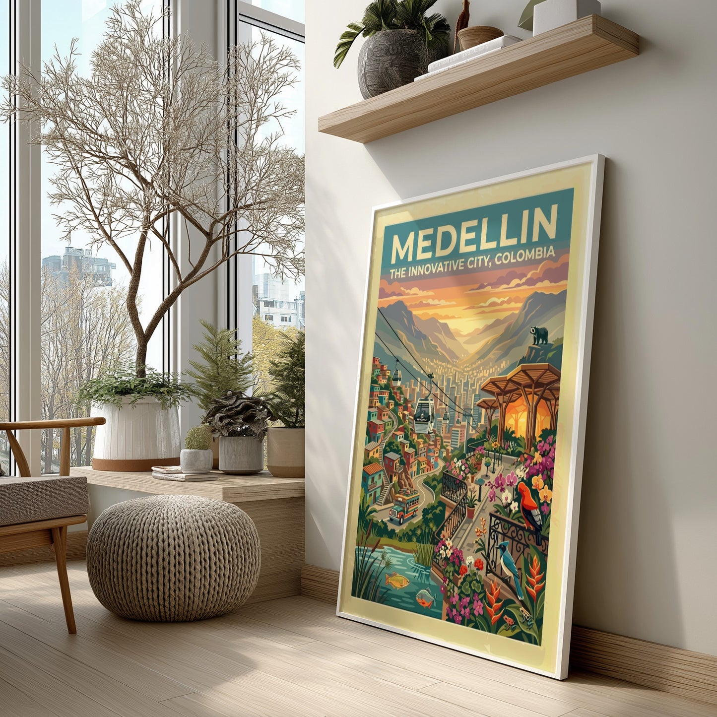 Medellin travel poster featuring cable cars over a mountain city with tropical flowers.