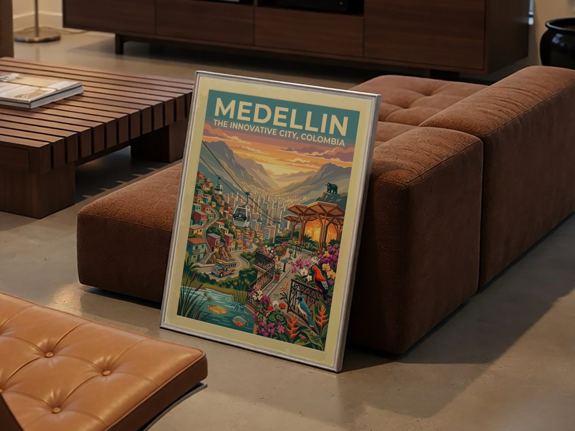 Medellin travel poster featuring cable cars over a mountain city with tropical flowers.