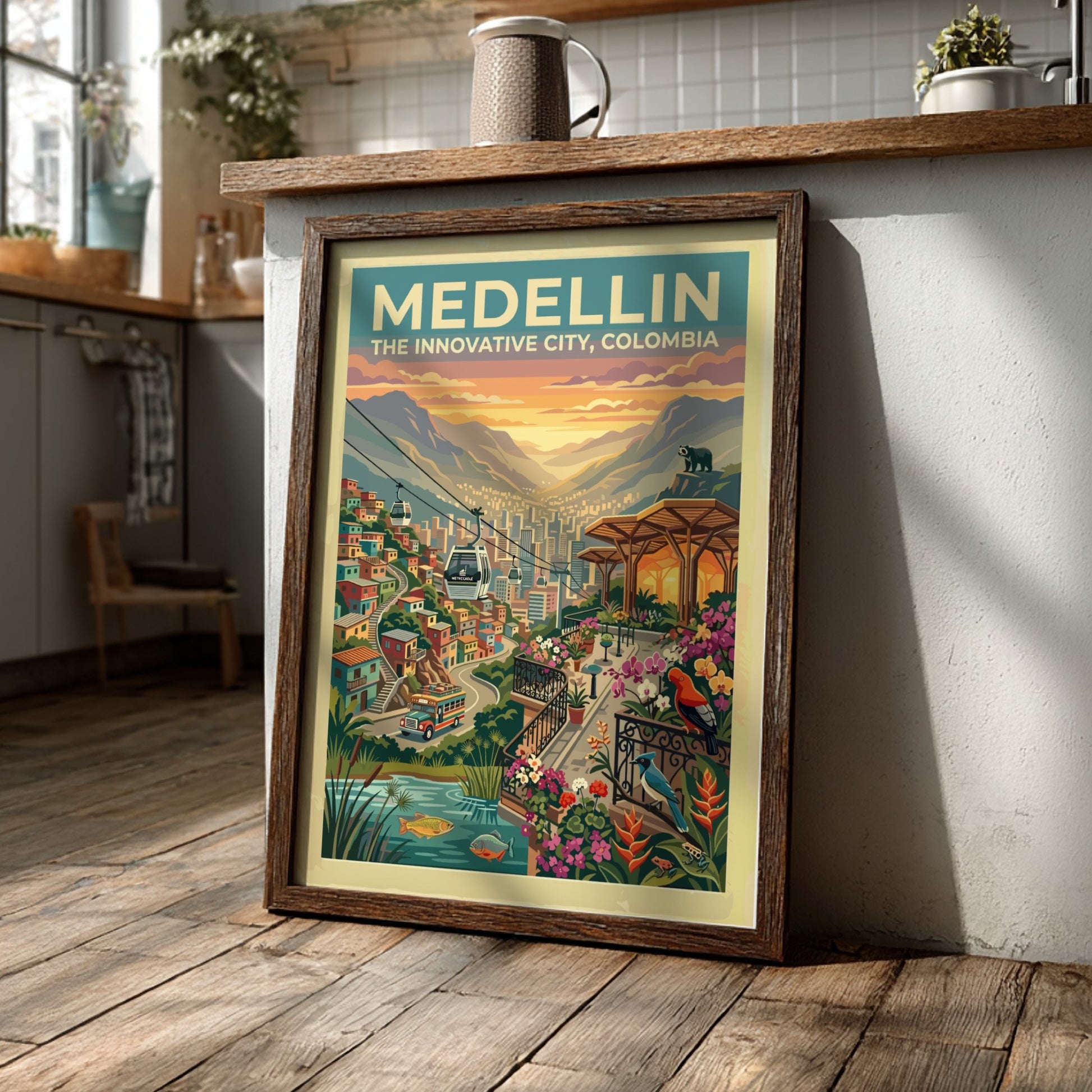 Medellin travel poster featuring cable cars over a mountain city with tropical flowers.