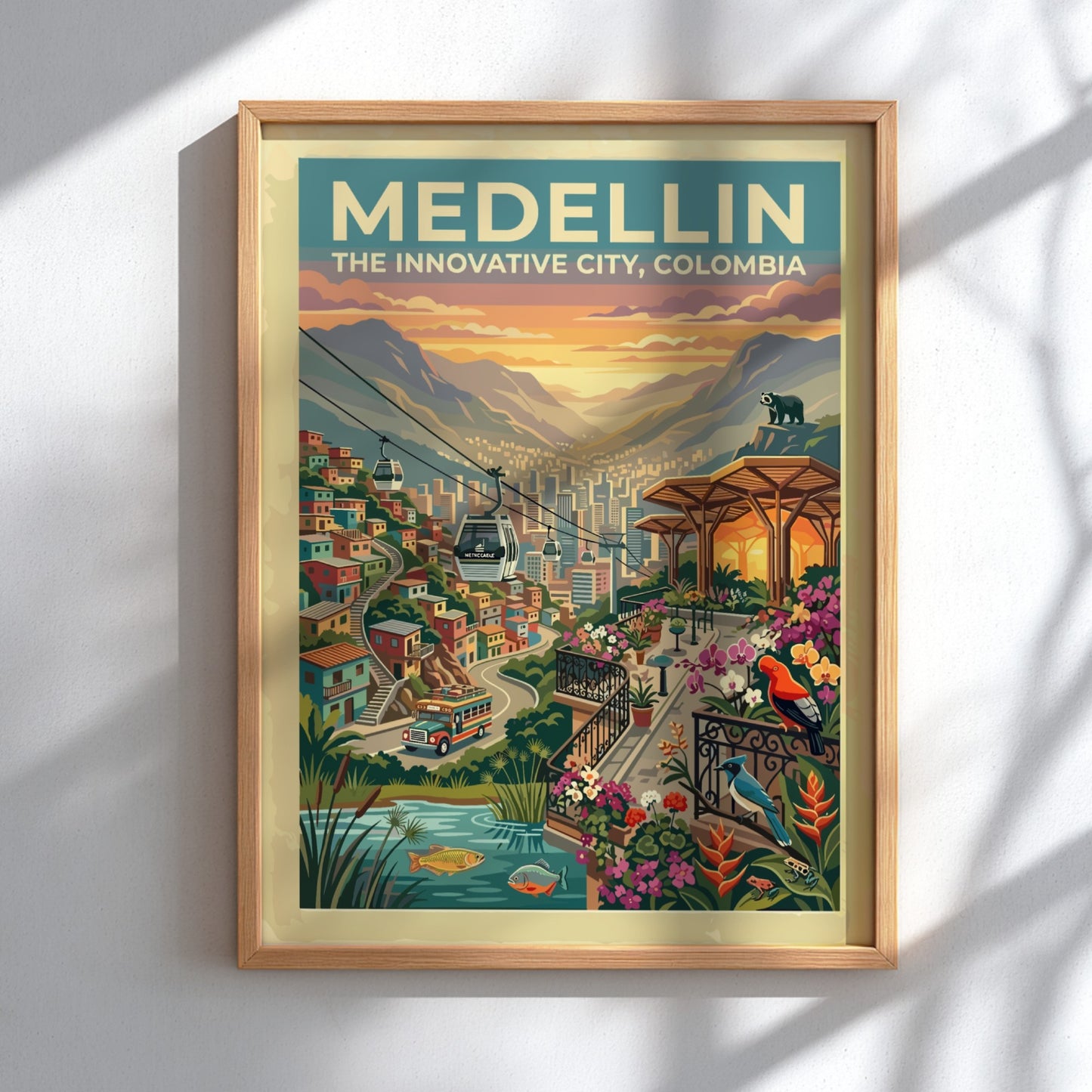 Medellin travel poster featuring cable cars over a mountain city with tropical flowers.