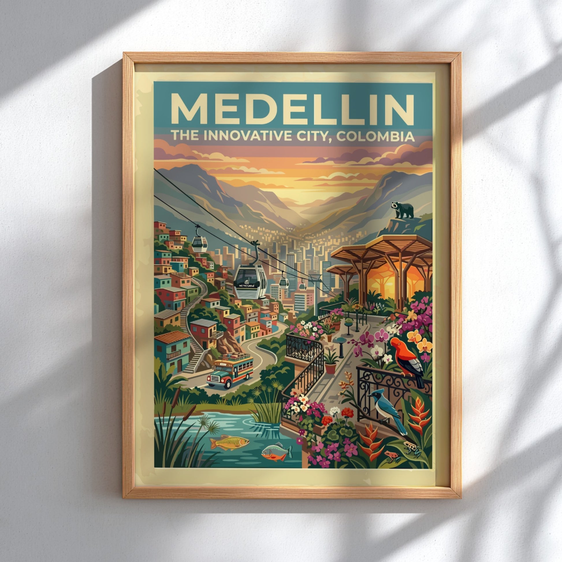 Medellin travel poster featuring cable cars over a mountain city with tropical flowers.