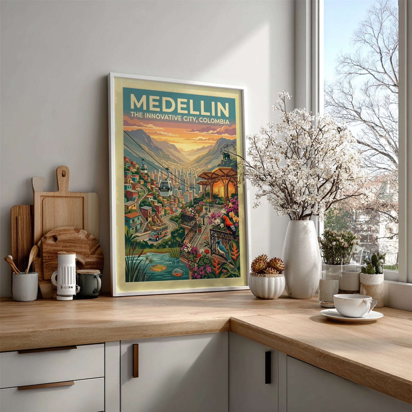 Medellin travel poster featuring cable cars over a mountain city with tropical flowers.