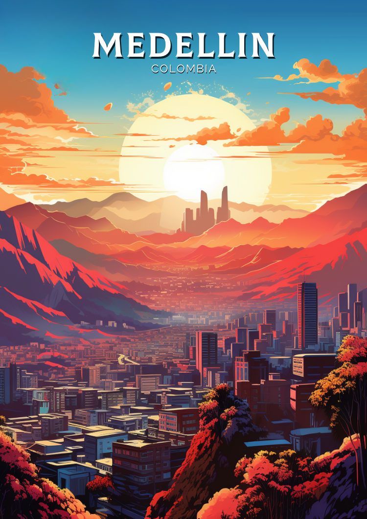 South America MEDELLIN TRAVEL POSTER - RETRO COLOMBIA ART