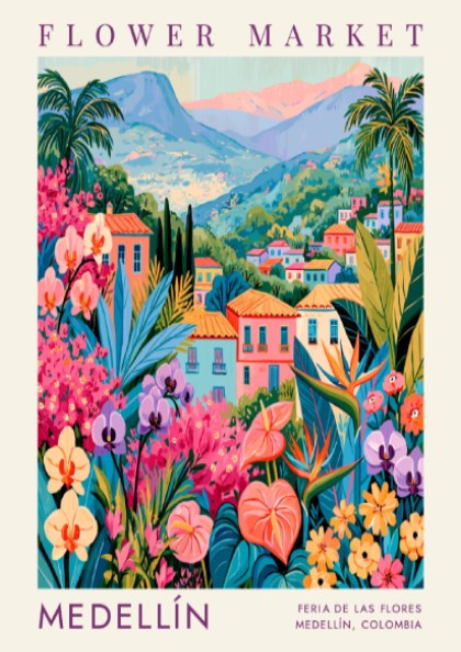 Flower market poster featuring vibrant colors and cityscape of Medellín, perfect for home decor.