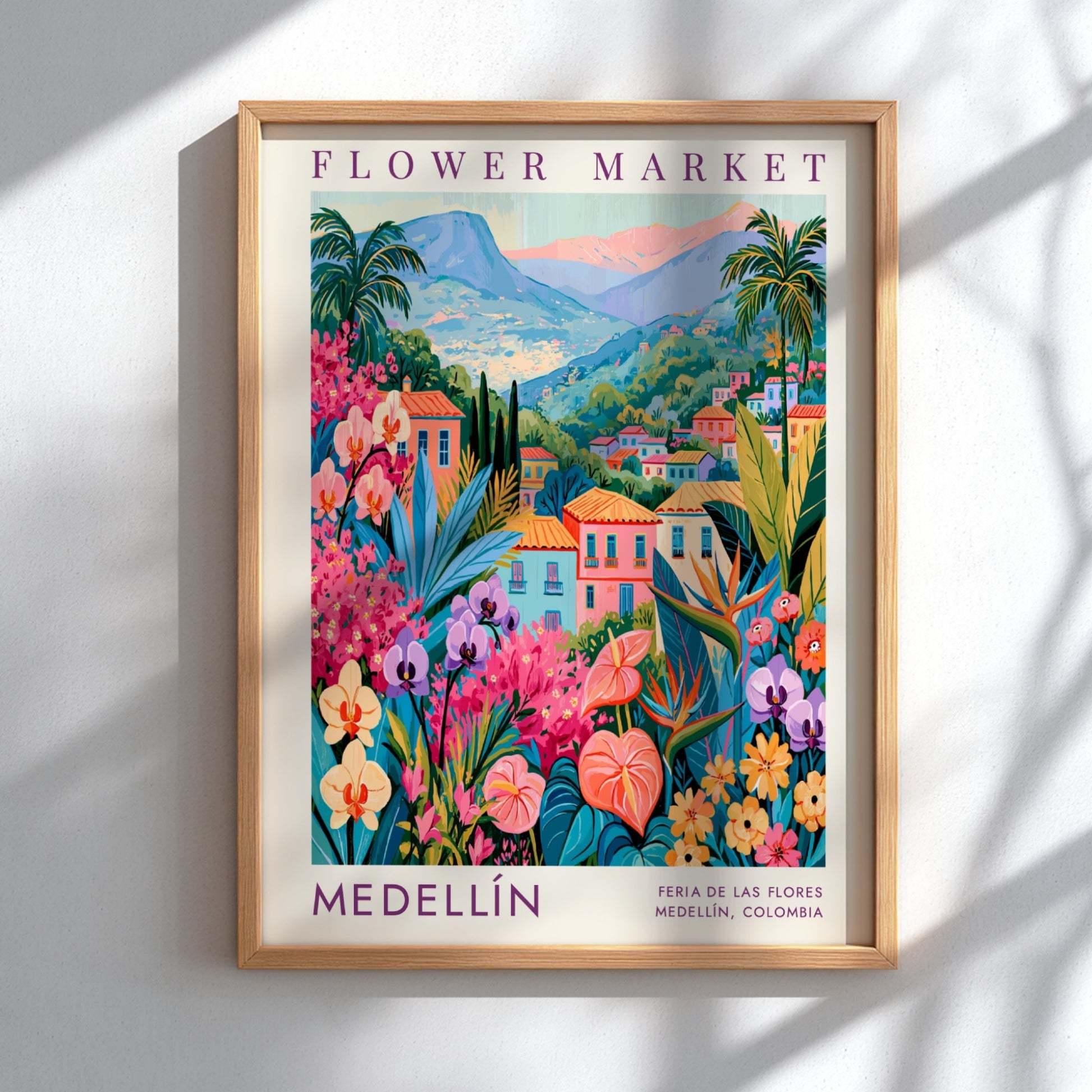 Flower market poster featuring vibrant colors and cityscape of Medellín, perfect for home decor.