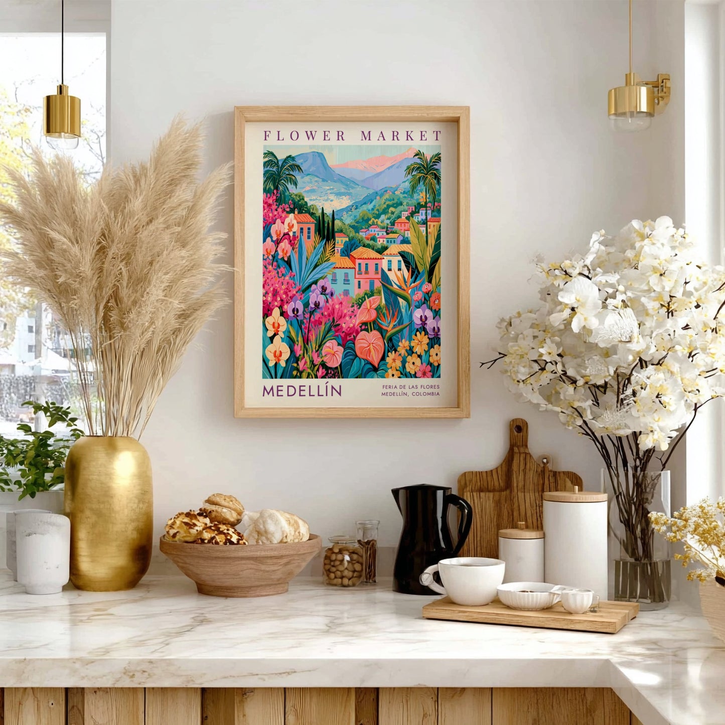 Flower market poster featuring vibrant colors and cityscape of Medellín, perfect for home decor.