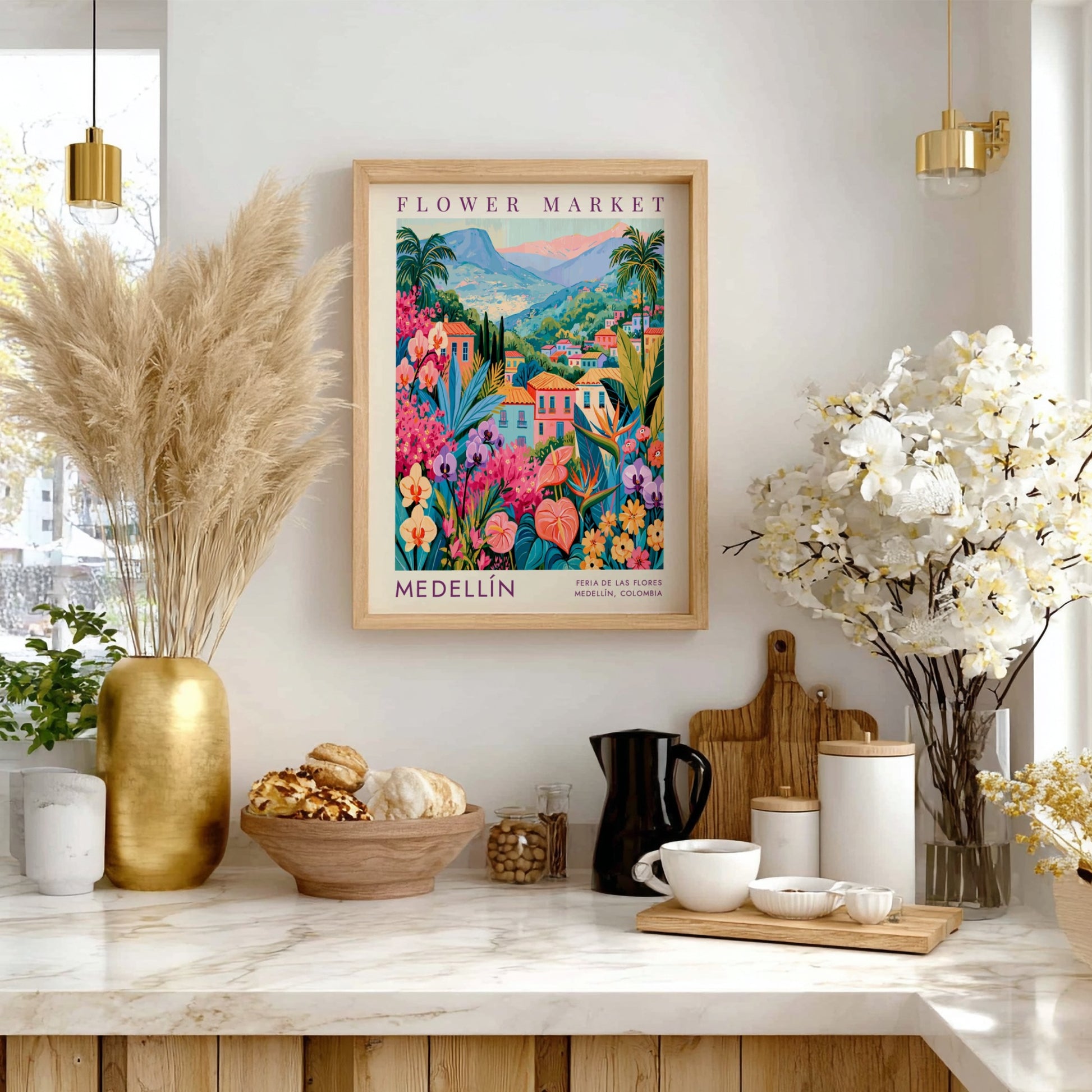 Flower market poster featuring vibrant colors and cityscape of Medellín, perfect for home decor.