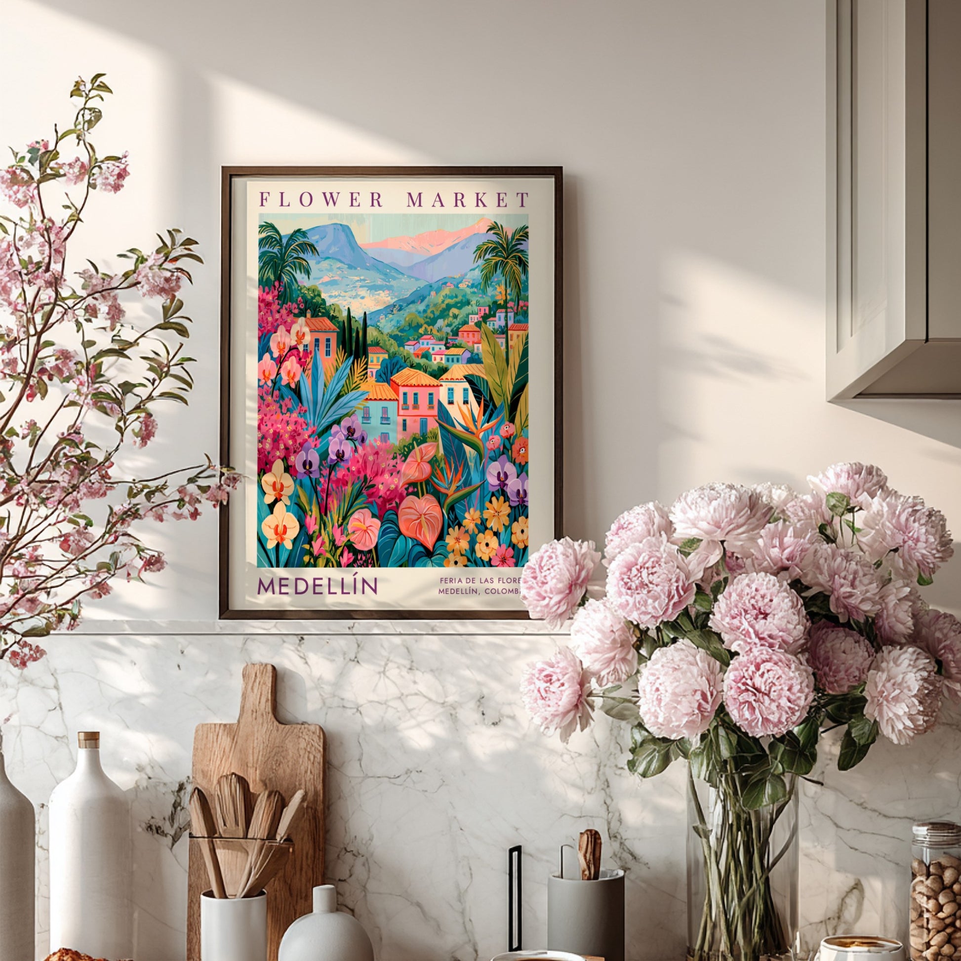Flower market poster featuring vibrant colors and cityscape of Medellín, perfect for home decor.
