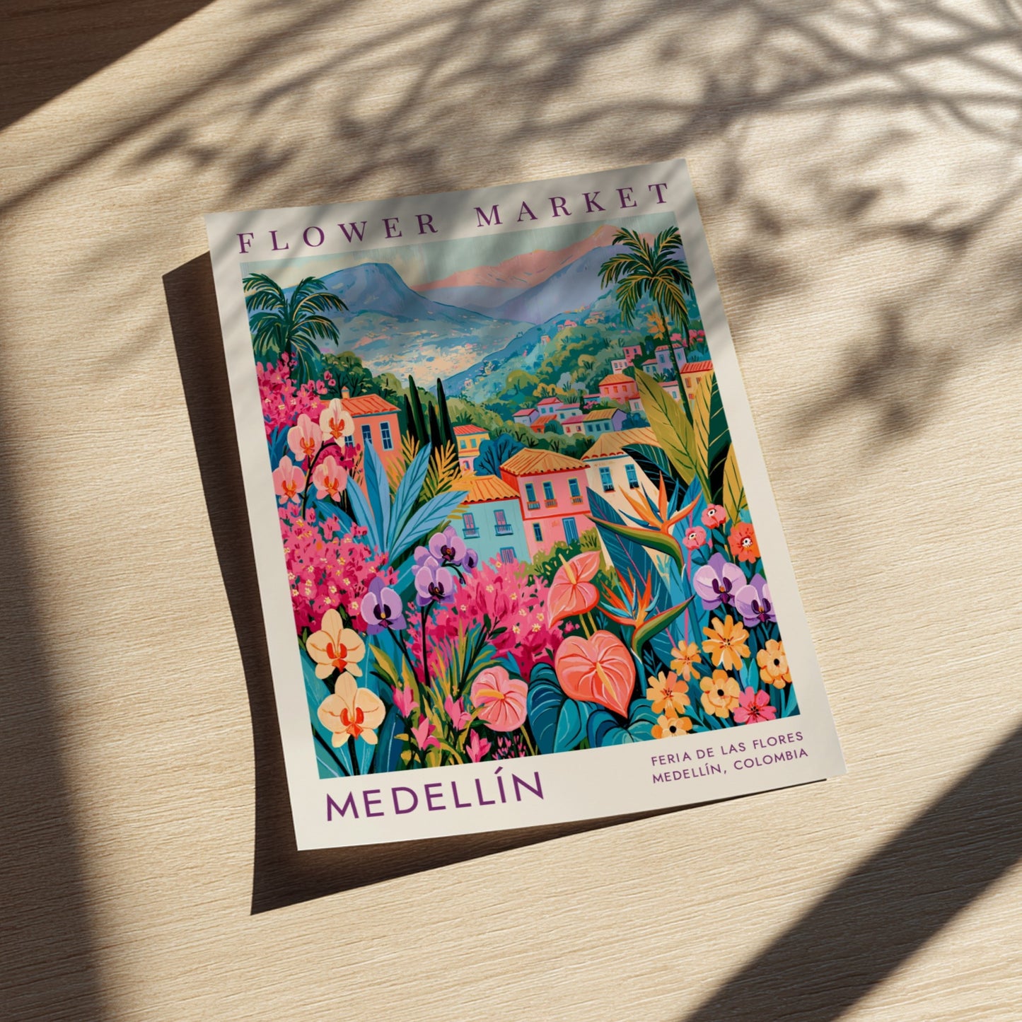 Flower market poster featuring vibrant colors and cityscape of Medellín, perfect for home decor.