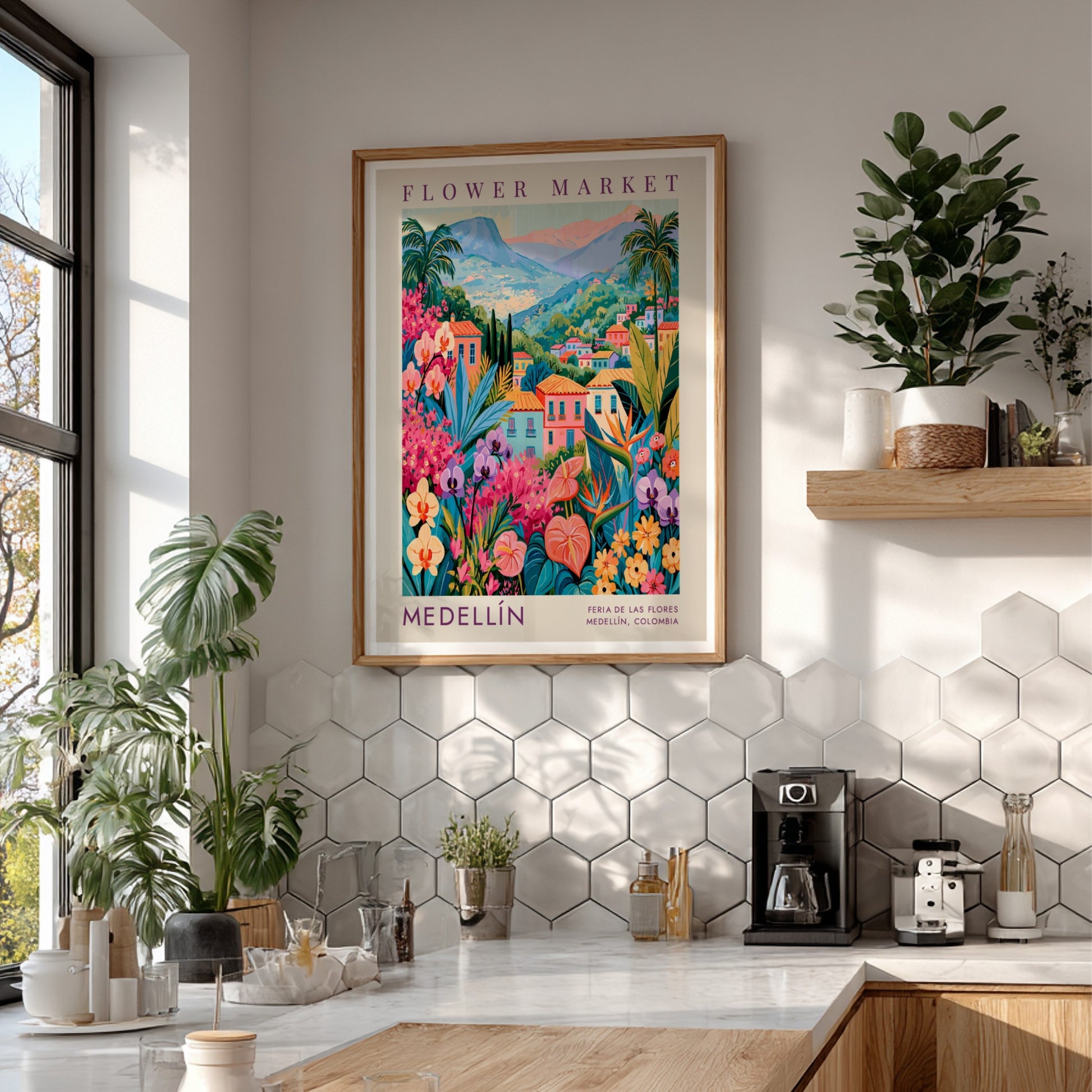 Flower market poster featuring vibrant colors and cityscape of Medellín, perfect for home decor.