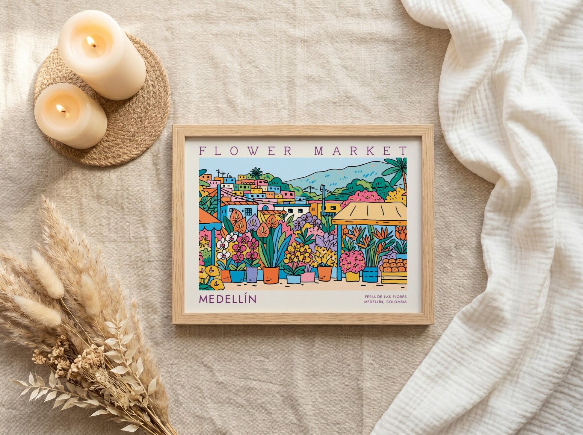 Flower market poster showcasing vibrant flowers and Medellín cityscape