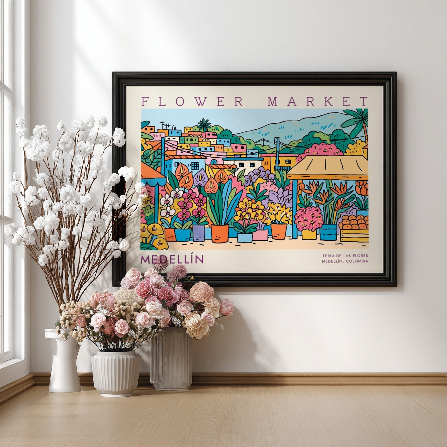 Flower market poster showcasing vibrant flowers and Medellín cityscape
