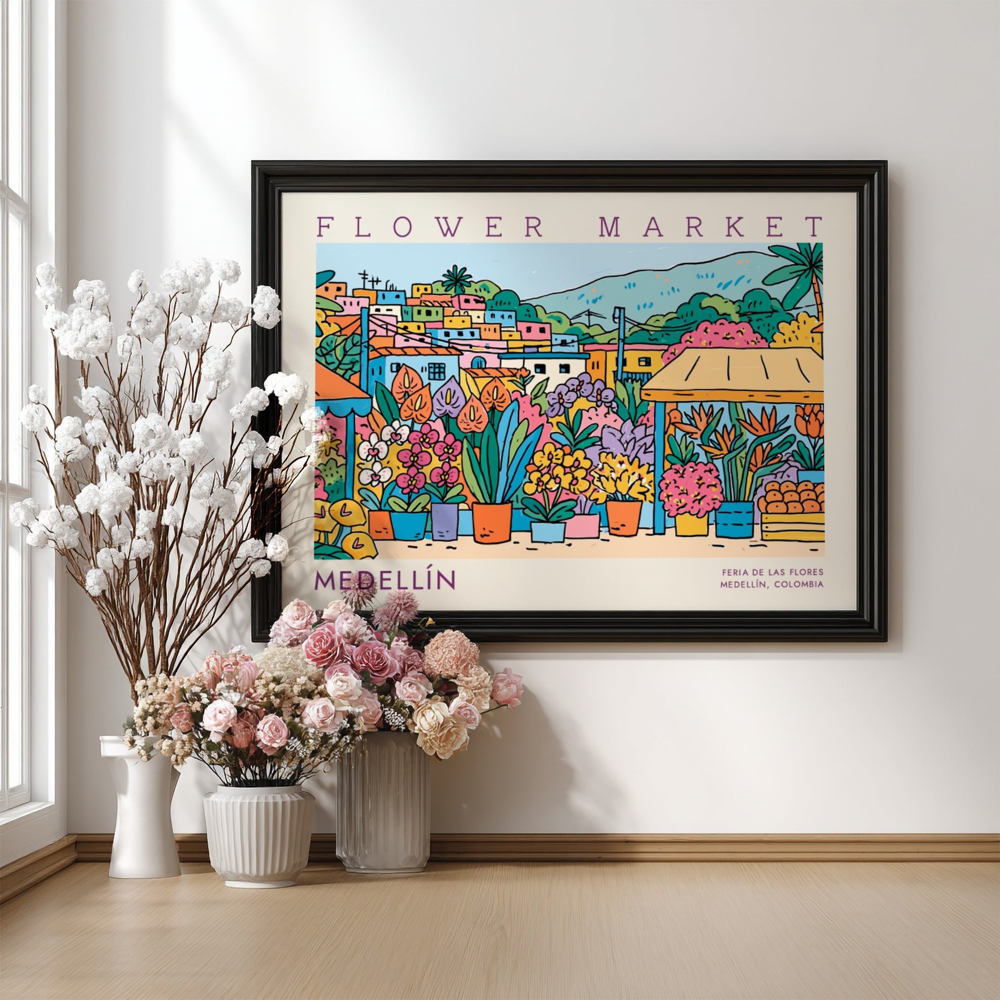 Flower market poster showcasing vibrant flowers and Medellín cityscape