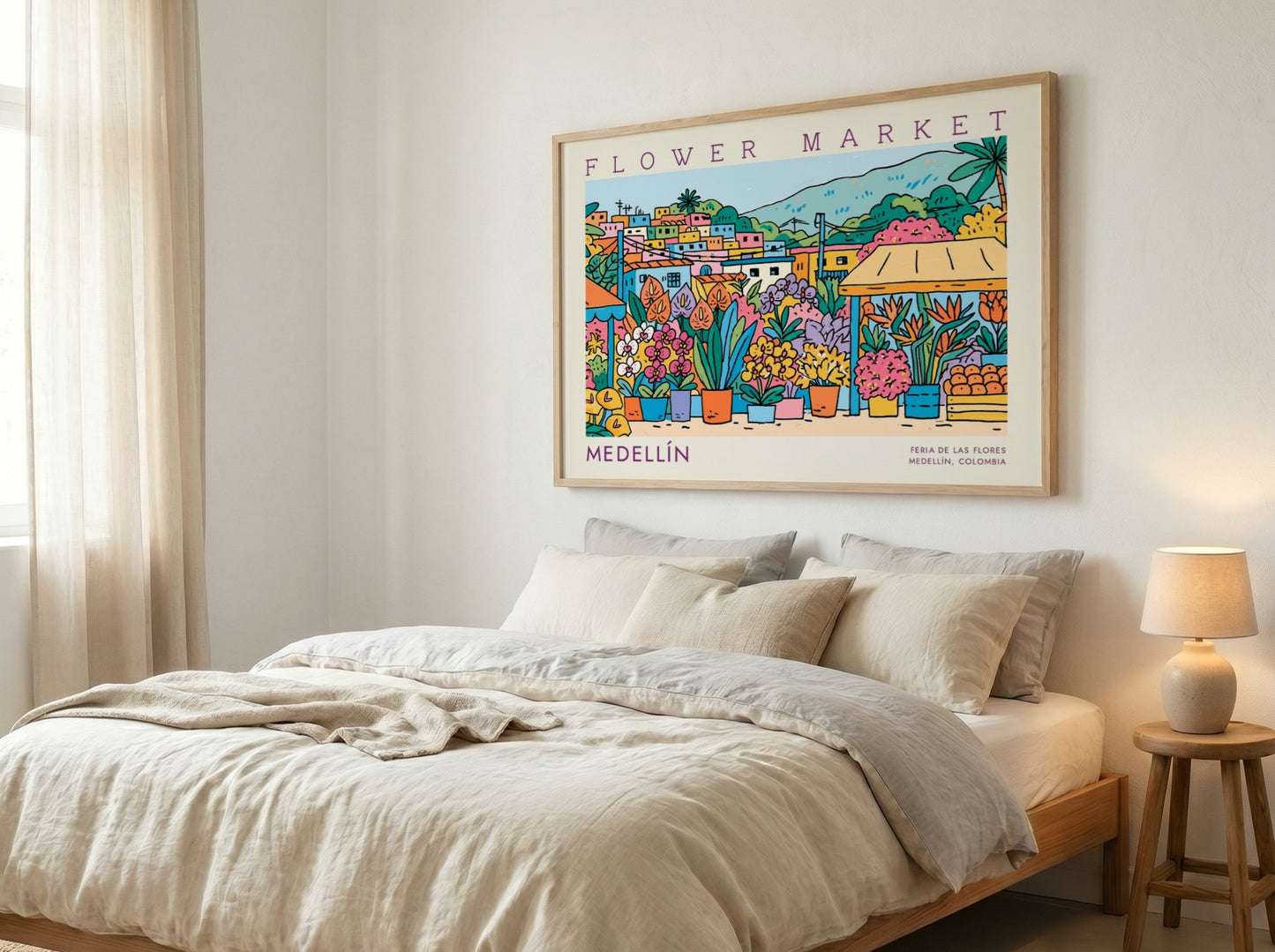 Flower market poster showcasing vibrant flowers and Medellín cityscape