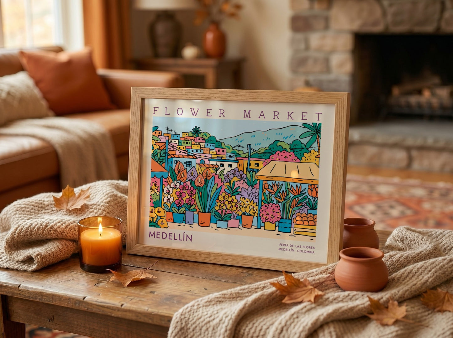Flower market poster showcasing vibrant flowers and Medellín cityscape