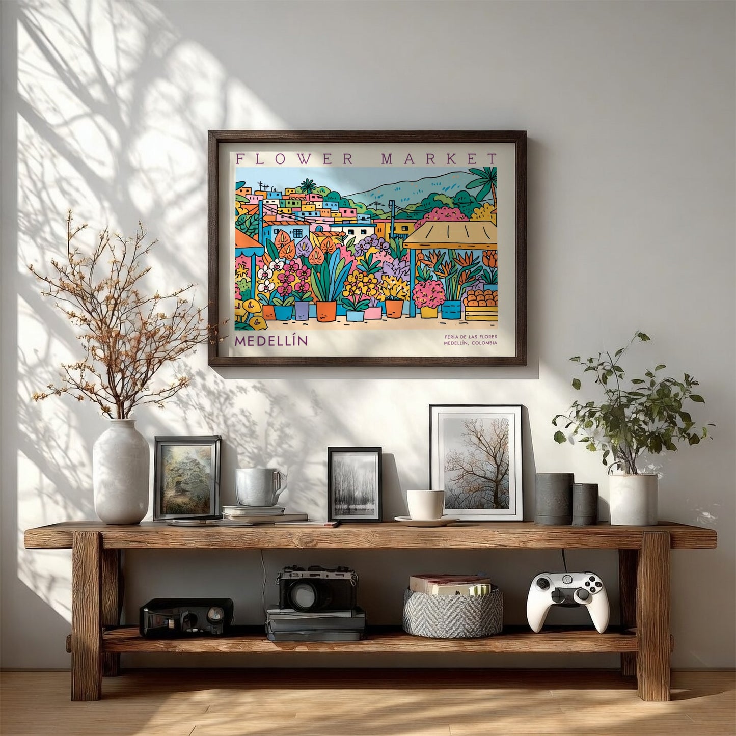 Flower market poster showcasing vibrant flowers and Medellín cityscape