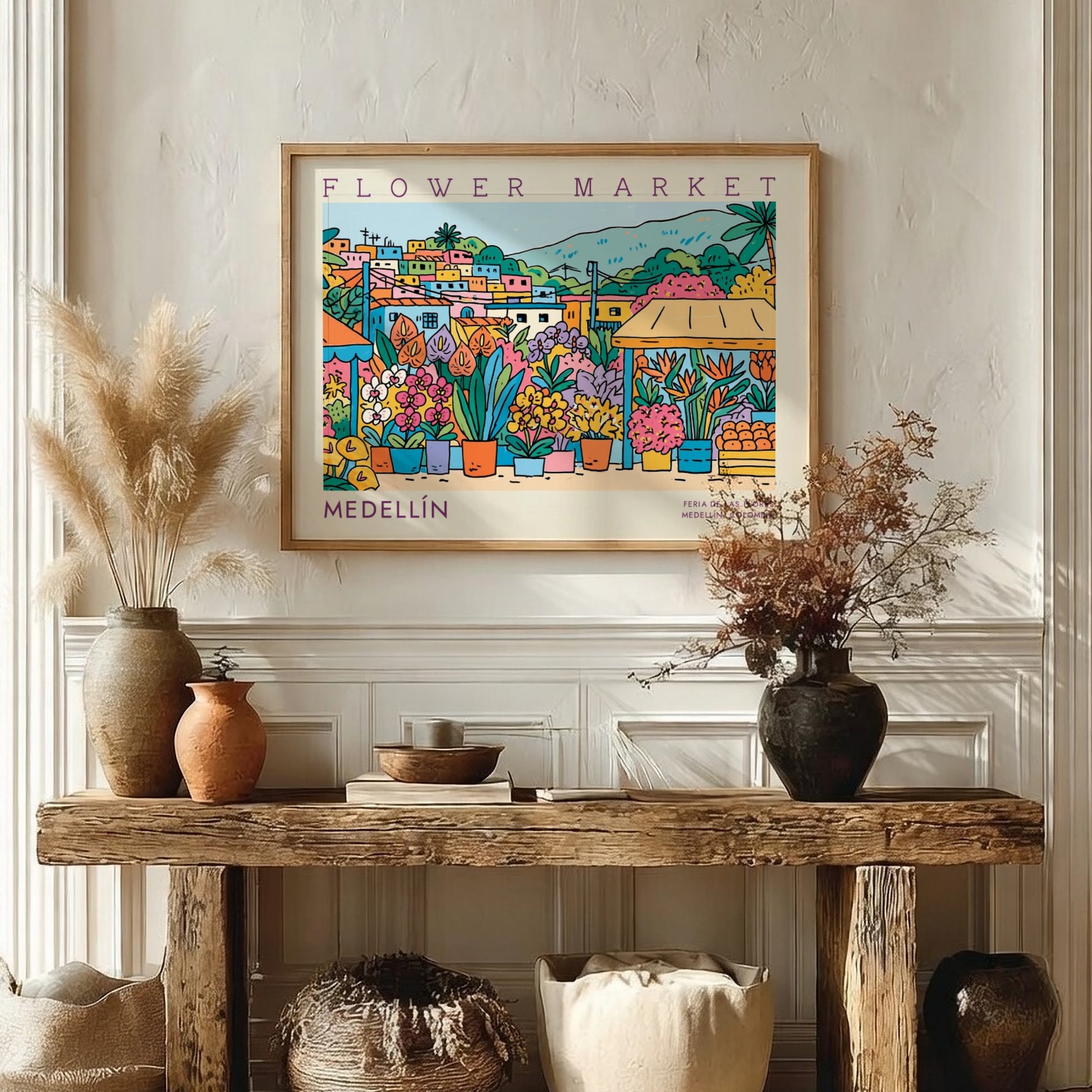Flower market poster showcasing vibrant flowers and Medellín cityscape