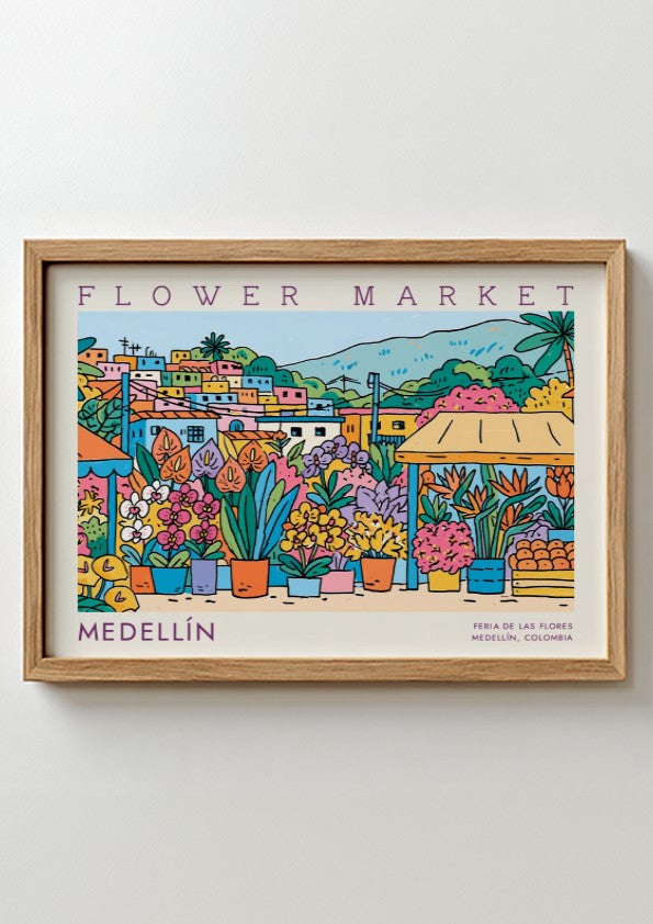 Flower market poster showcasing vibrant flowers and Medellín cityscape