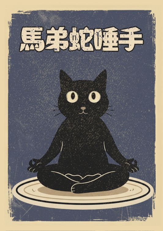 Black cat in a meditative pose on a blue background with Chinese text above.