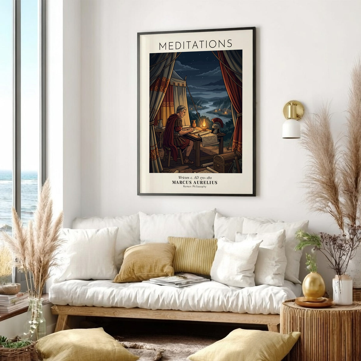 Poster featuring Marcus Aurelius writing in a tent with a warm lamp glow.