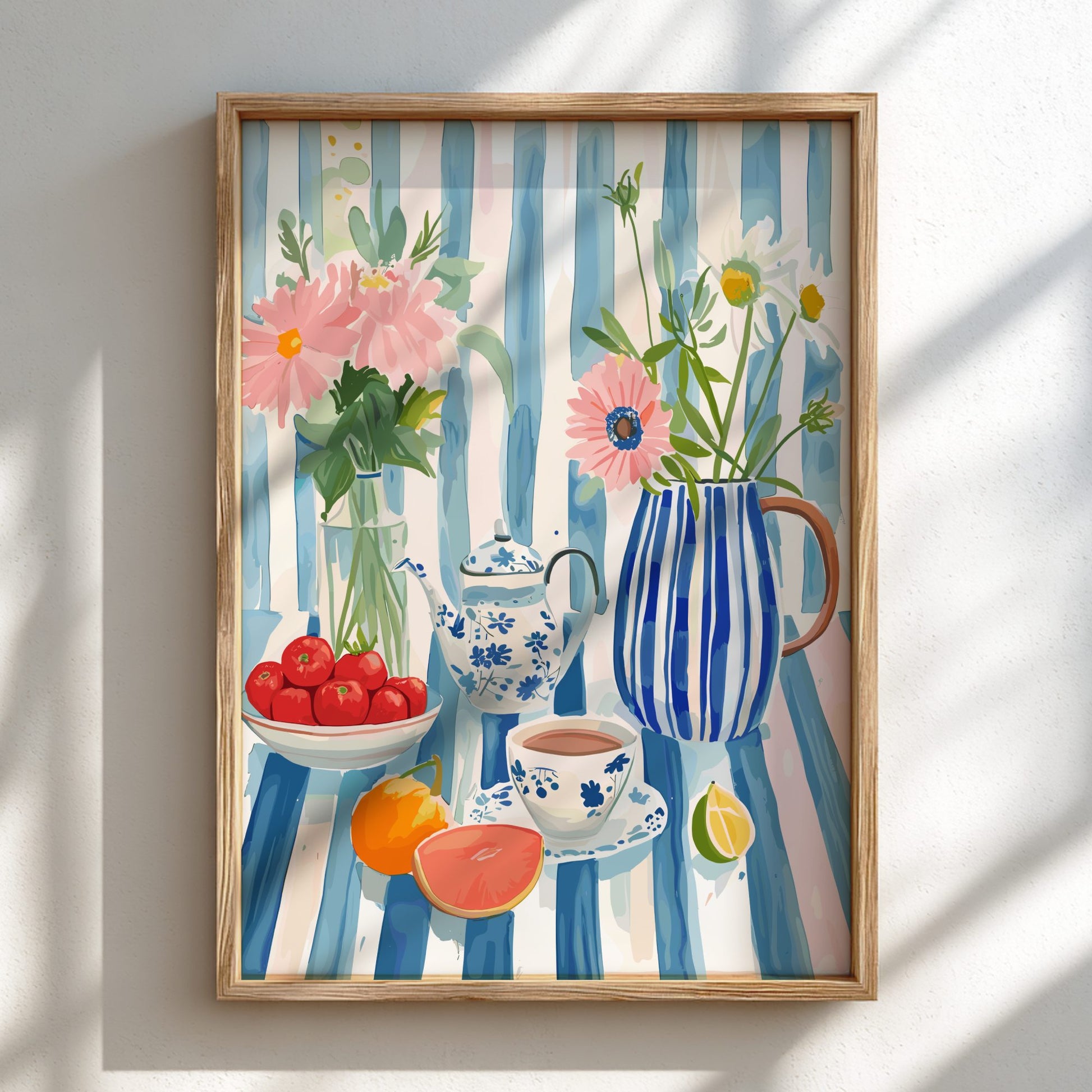 Framed artwork with floral vases, teapot, and fruit on a striped background