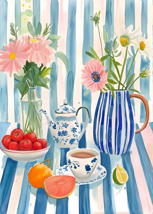 Colorful illustration of a table setting with flowers, teapot, and fruits on a striped background.