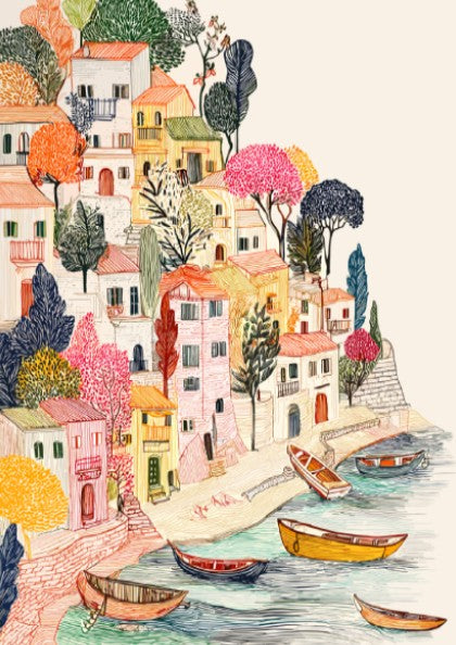 Textured illustration poster of a Mediterranean cliffside village with colorful houses and boats on the water.