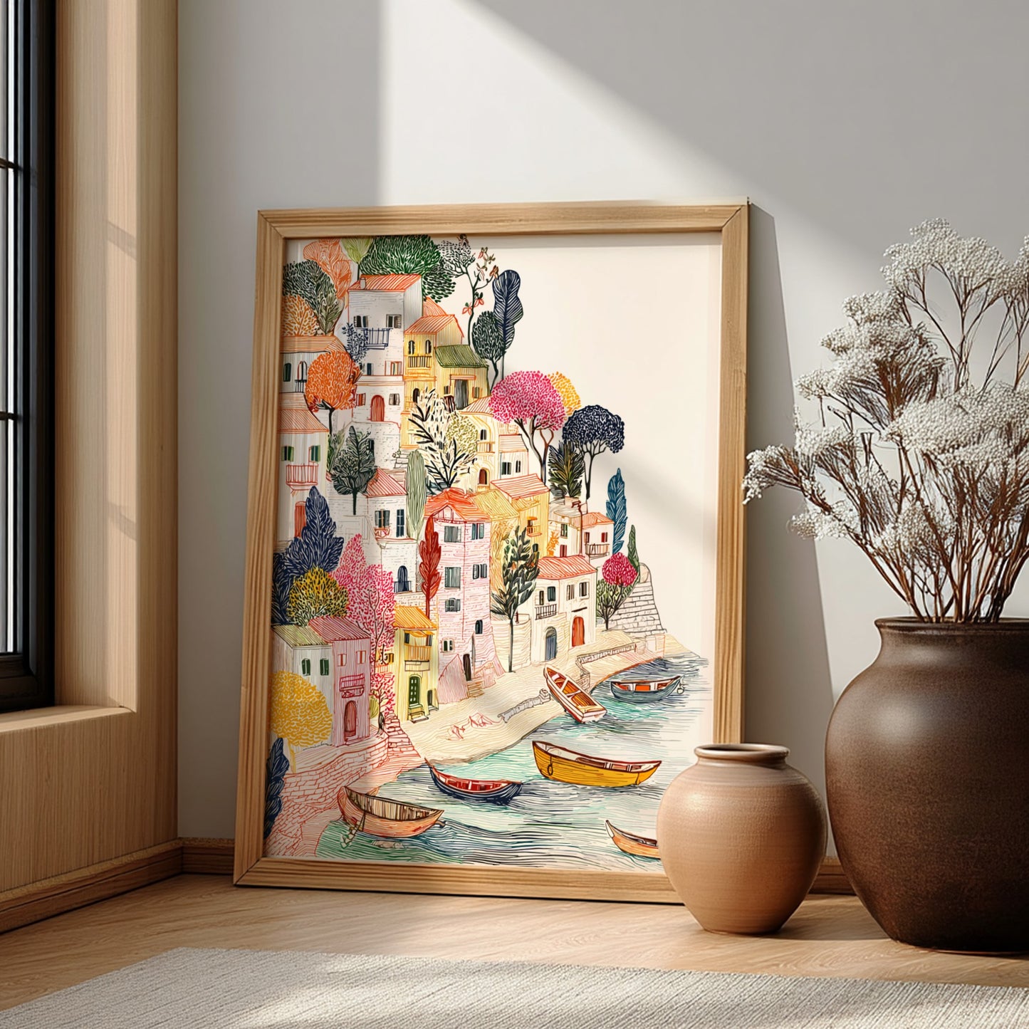 Textured illustration poster of a Mediterranean cliffside village with colorful houses and boats on the water.