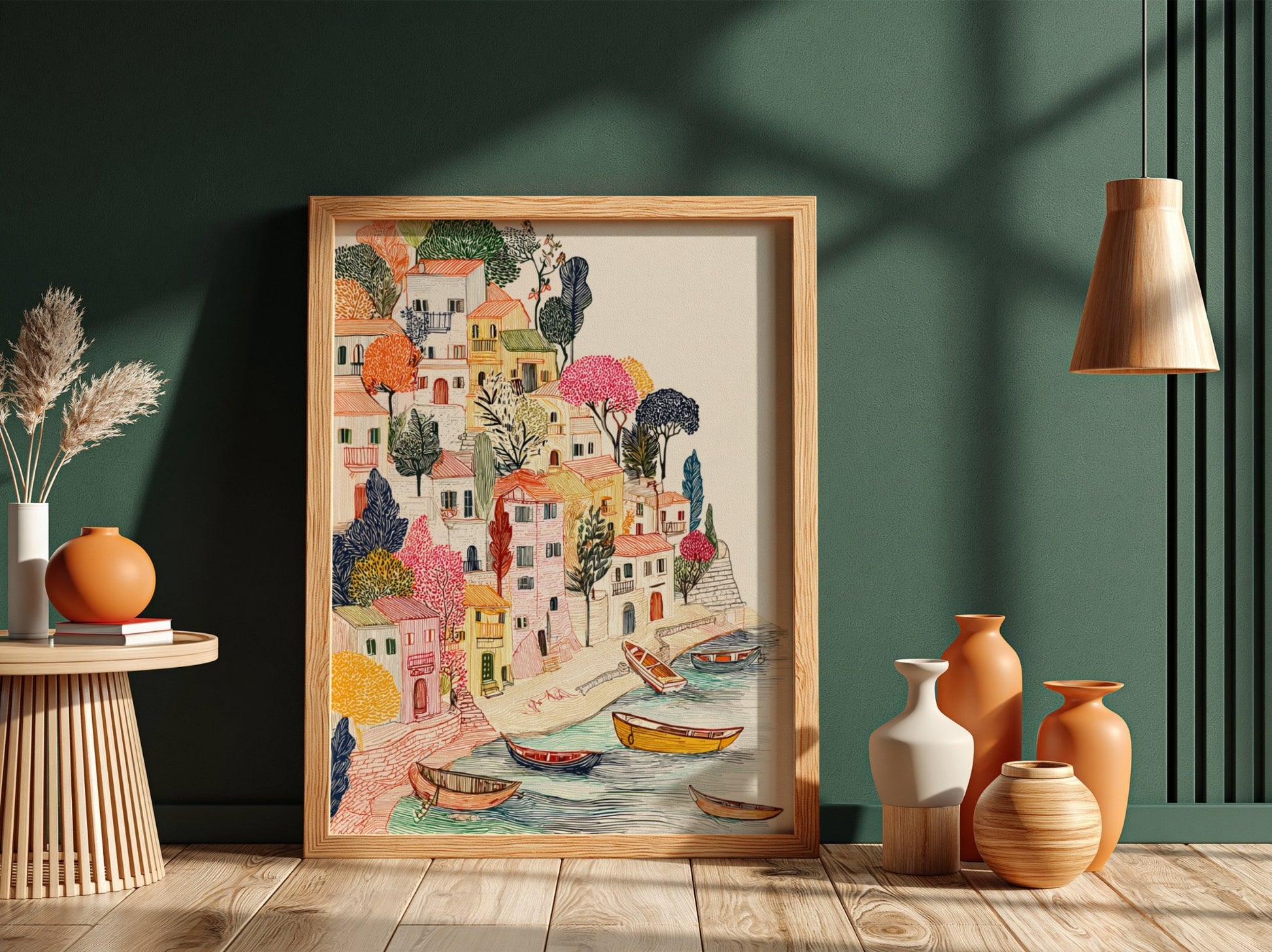 Textured illustration poster of a Mediterranean cliffside village with colorful houses and boats on the water.