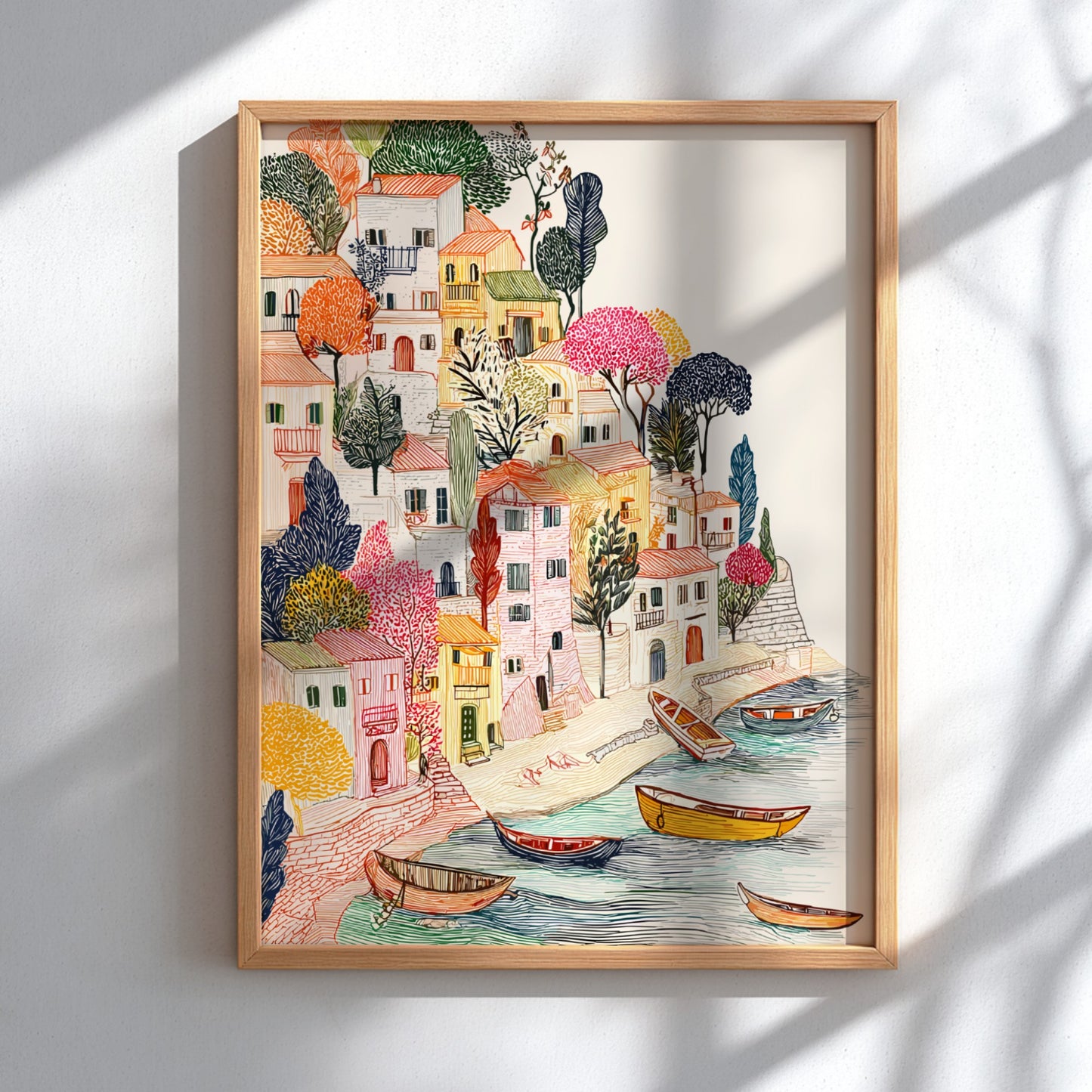 Textured illustration poster of a Mediterranean cliffside village with colorful houses and boats on the water.