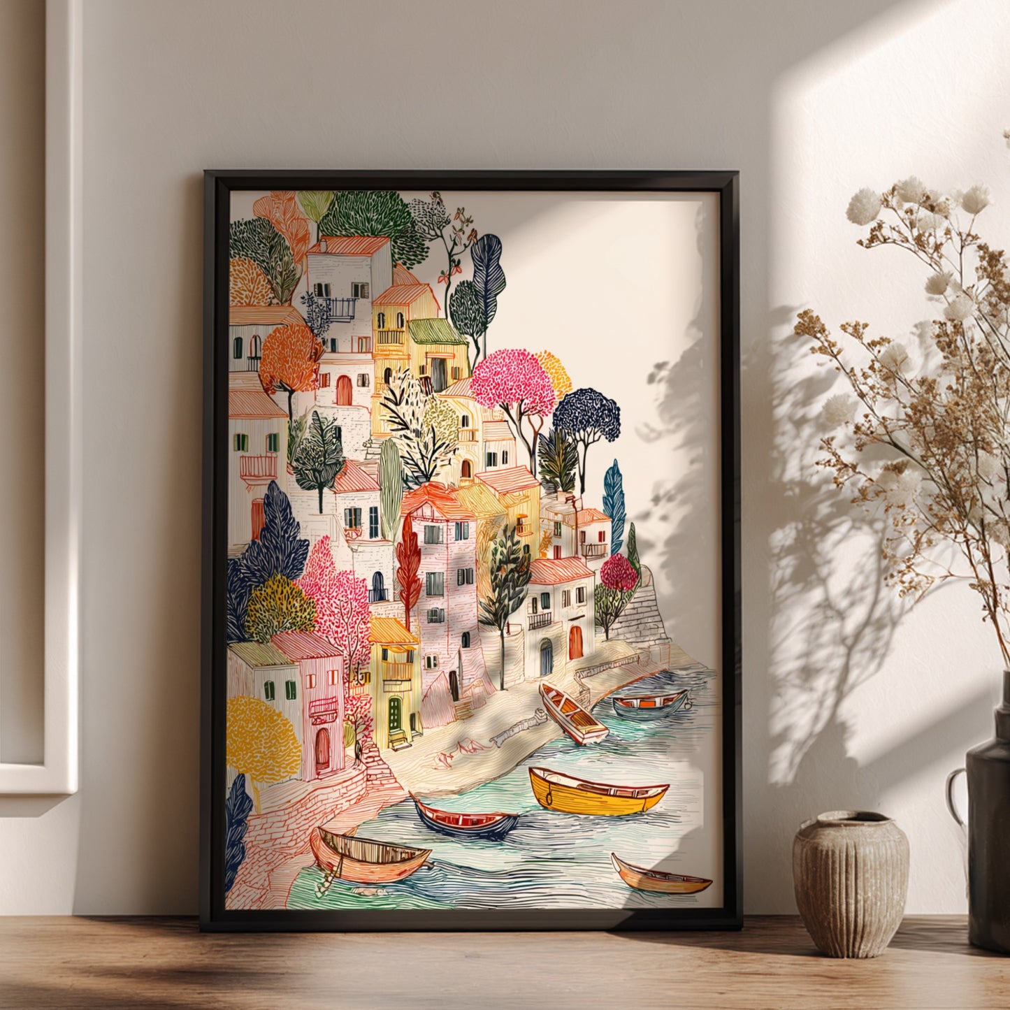 Textured illustration poster of a Mediterranean cliffside village with colorful houses and boats on the water.