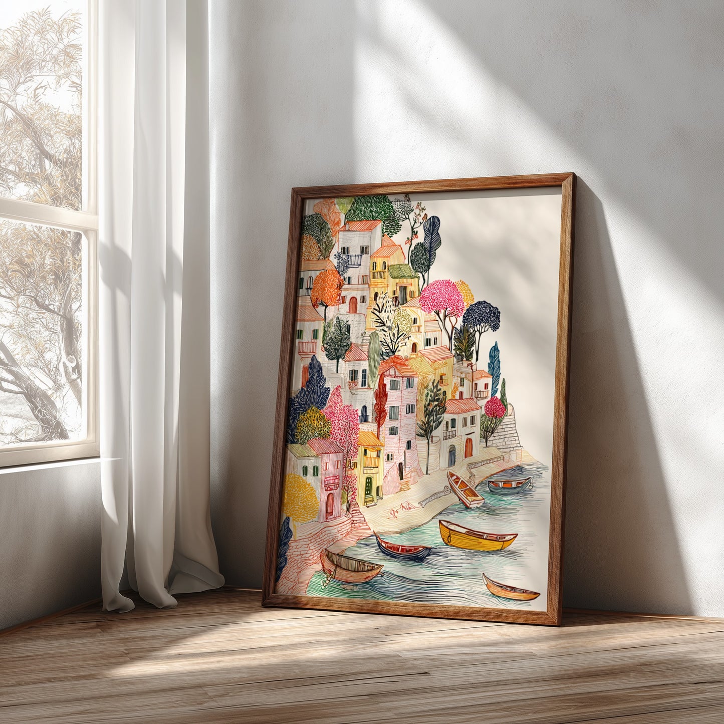 Textured illustration poster of a Mediterranean cliffside village with colorful houses and boats on the water.