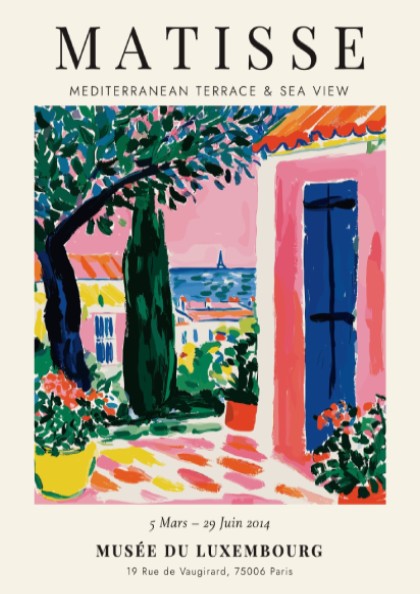 Henri Matisse poster featuring a Mediterranean terrace with vibrant colors and coastal view