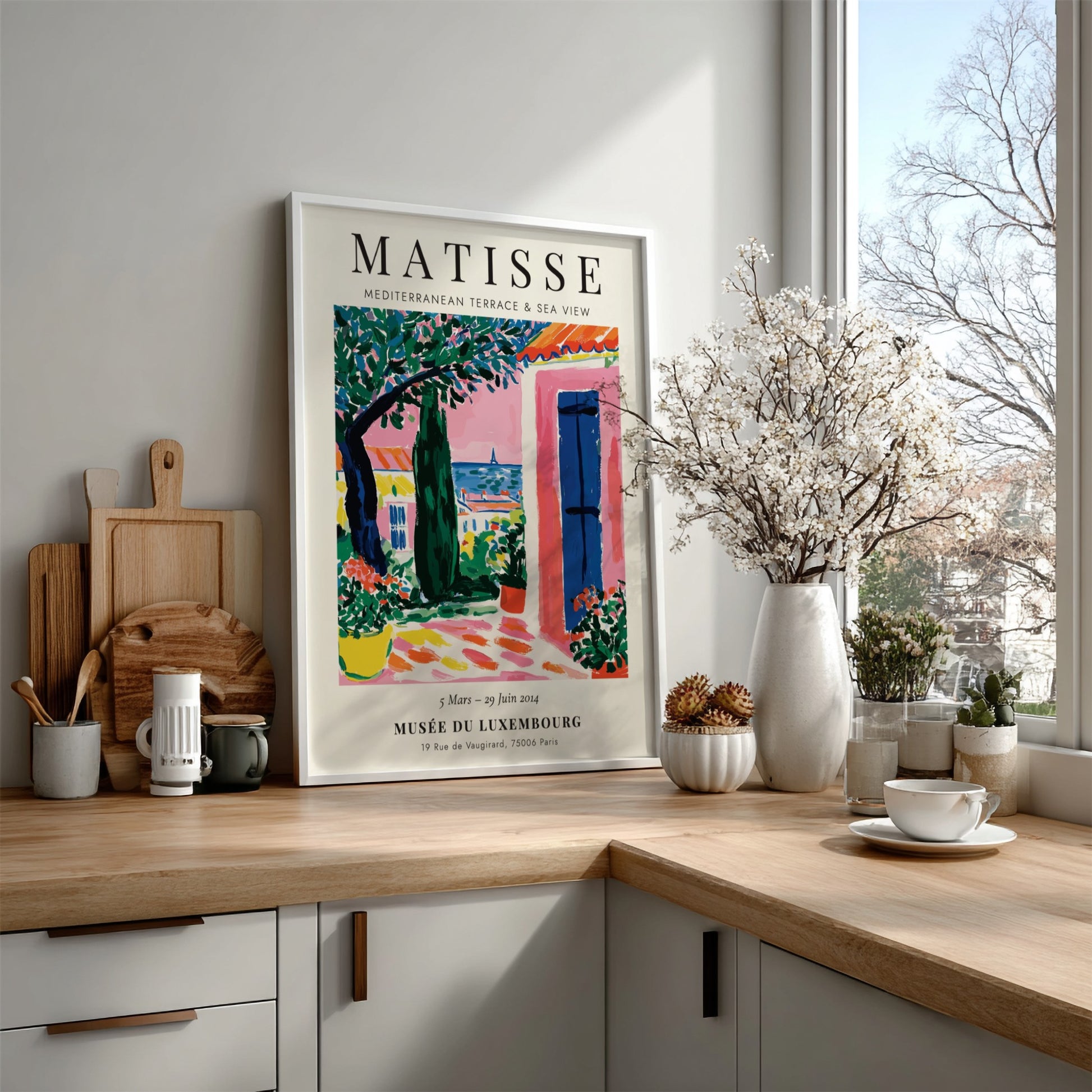 Henri Matisse poster featuring a Mediterranean terrace with vibrant colors and coastal view