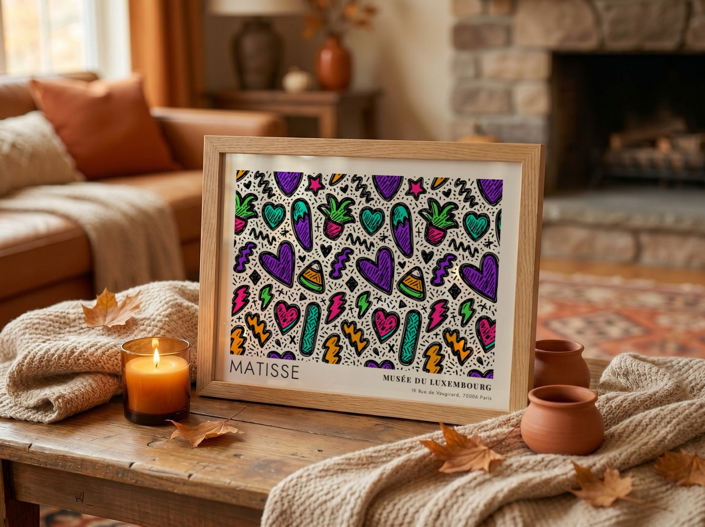 Mediterranean terrace and sea view poster featuring vibrant colors and Matisse style