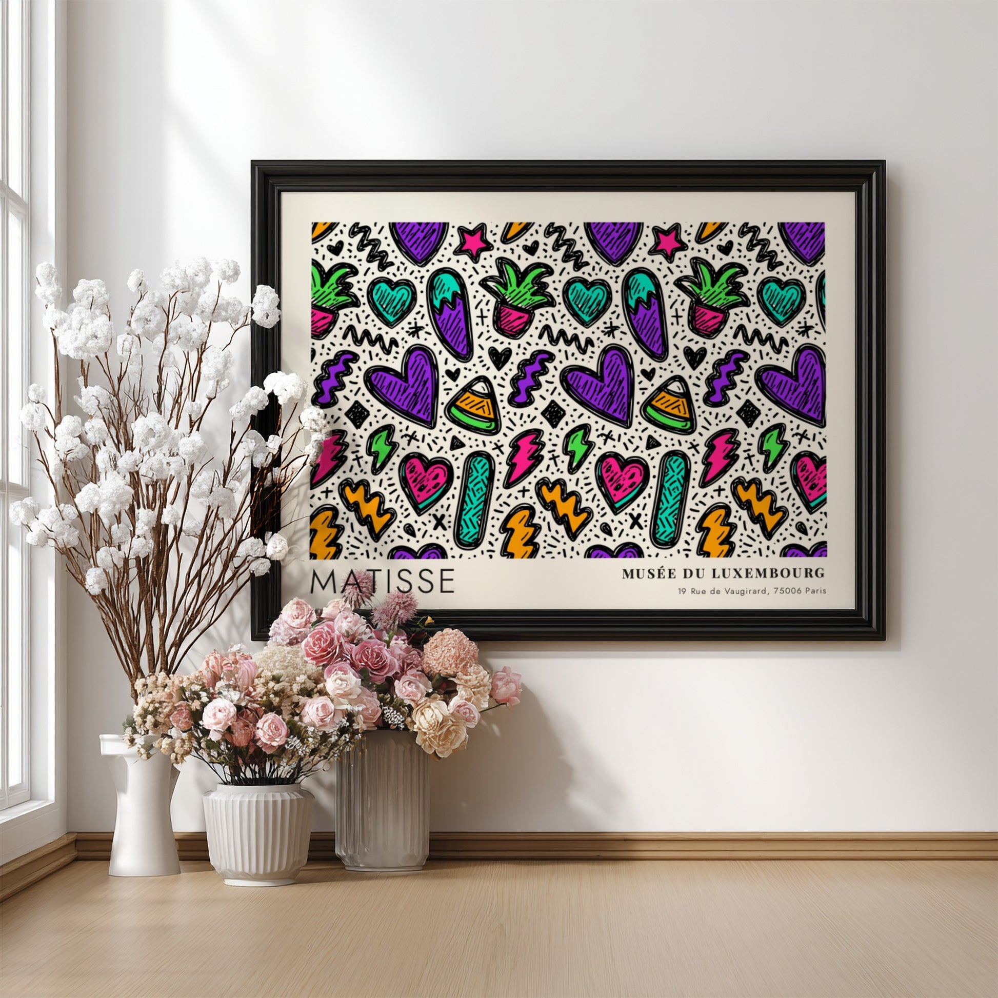 Mediterranean terrace and sea view poster featuring vibrant colors and Matisse style