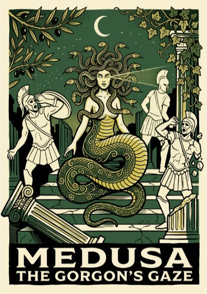 Medusa Greek Mythology poster in a graphic style, featuring the Gorgon and warriors, with dark green and