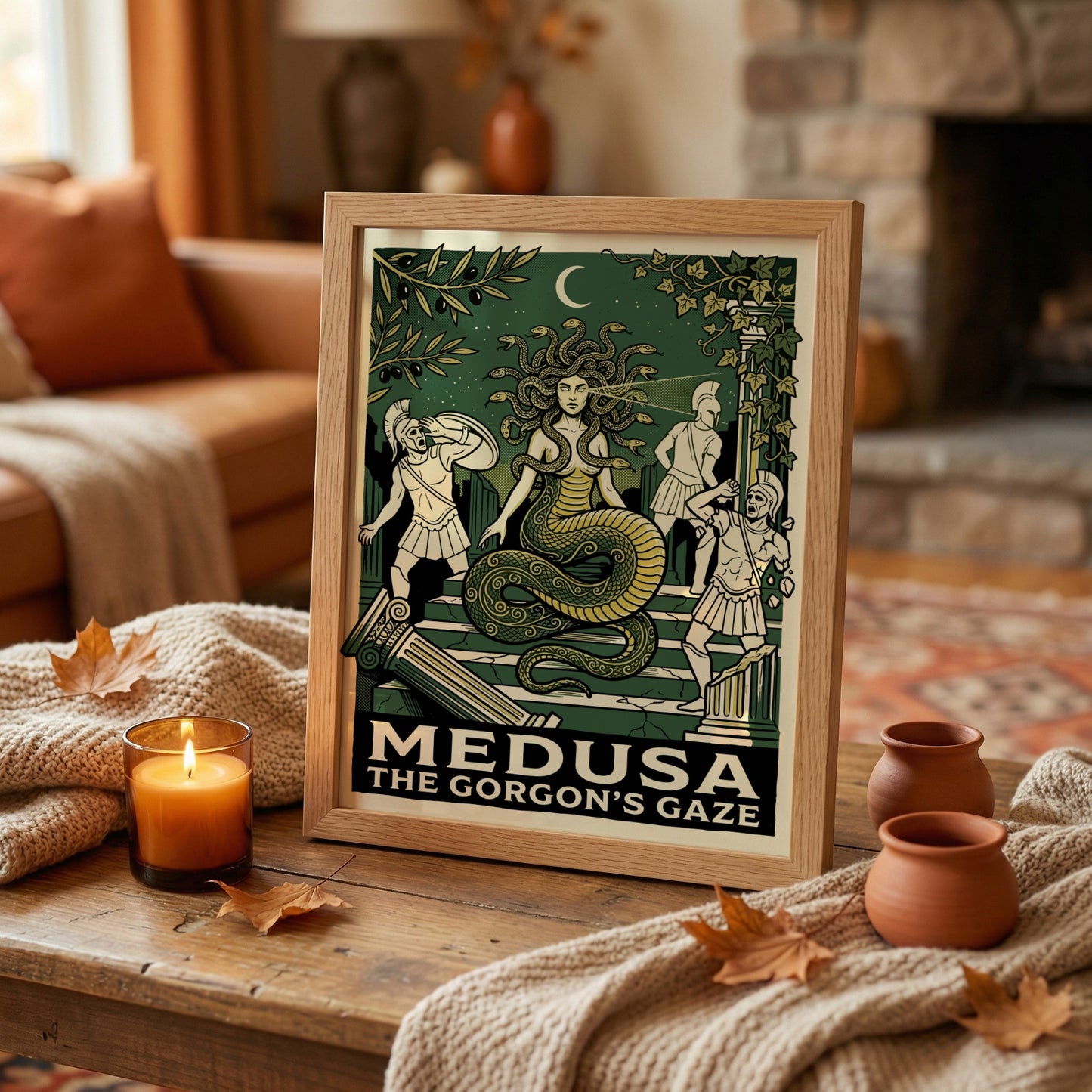 Medusa Greek Mythology poster in a graphic style, featuring the Gorgon and warriors, with dark green and
