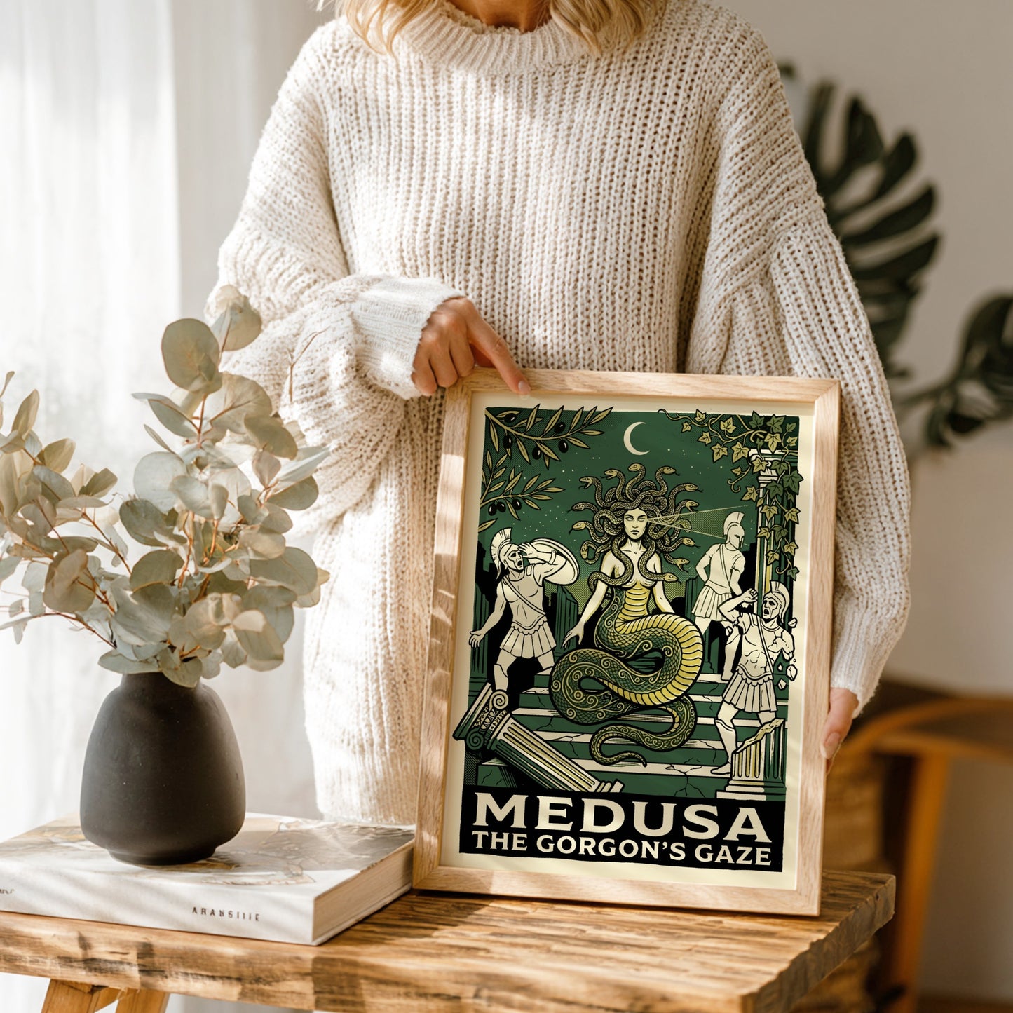Medusa Greek Mythology poster in a graphic style, featuring the Gorgon and warriors, with dark green and