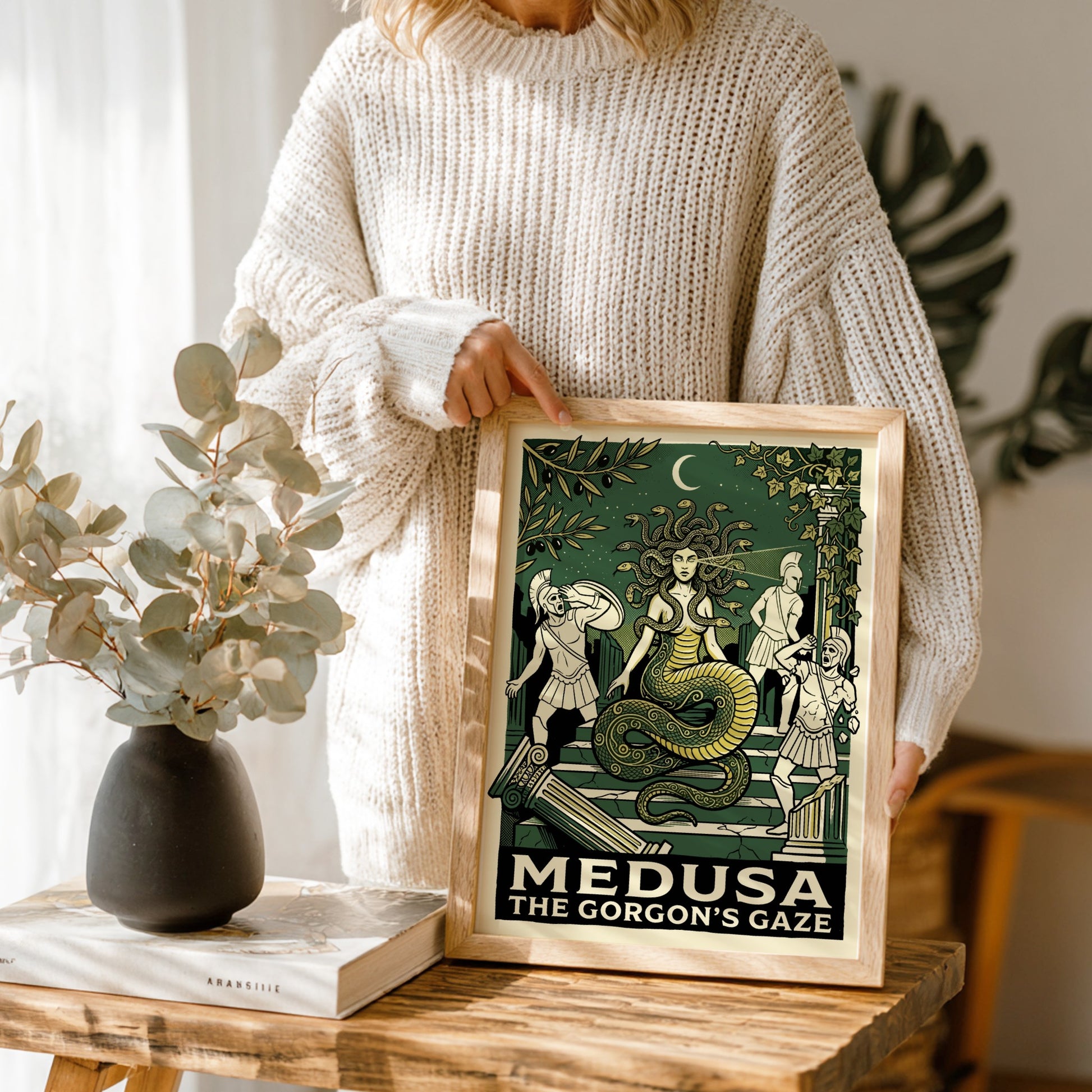 Medusa Greek Mythology poster in a graphic style, featuring the Gorgon and warriors, with dark green and