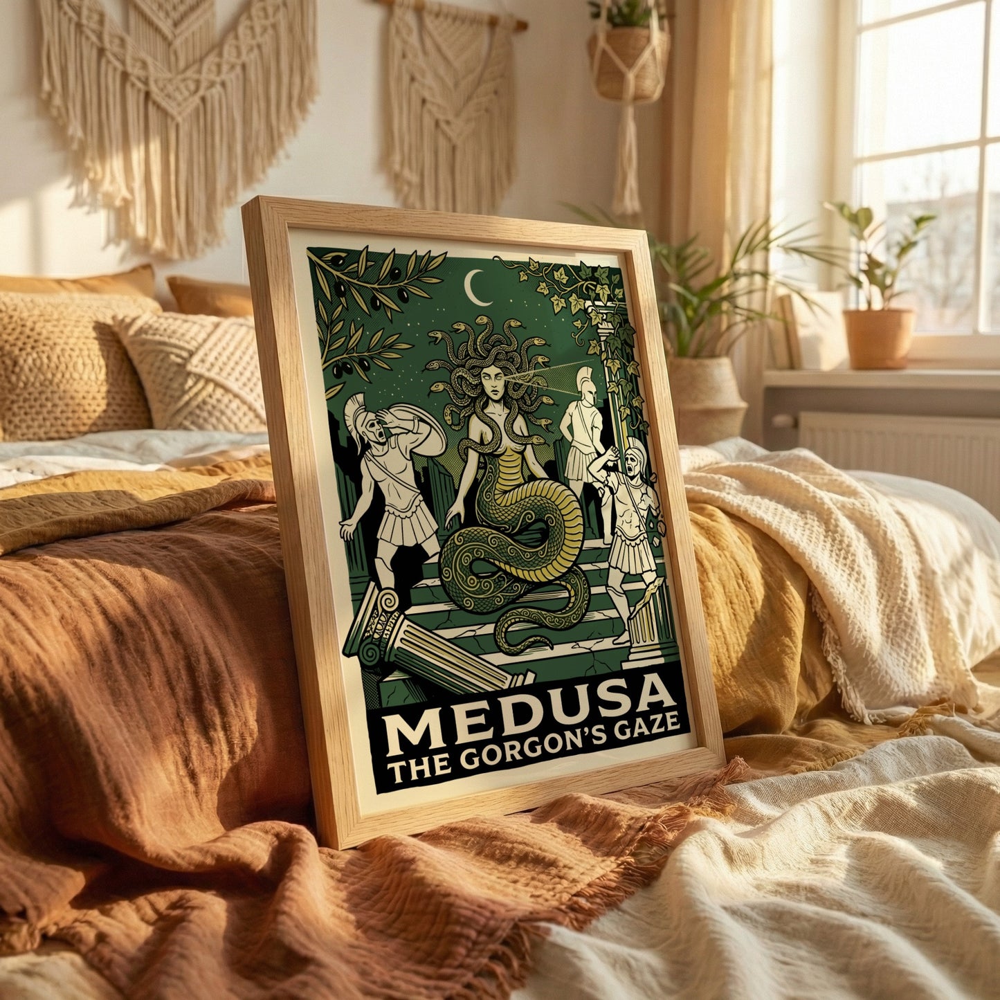 Medusa Greek Mythology poster in a graphic style, featuring the Gorgon and warriors, with dark green and