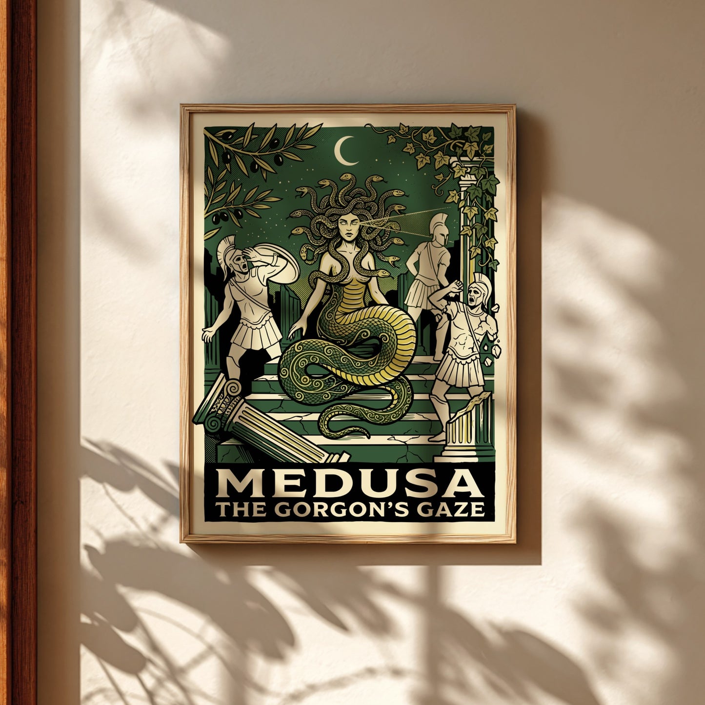 Medusa Greek Mythology poster in a graphic style, featuring the Gorgon and warriors, with dark green and