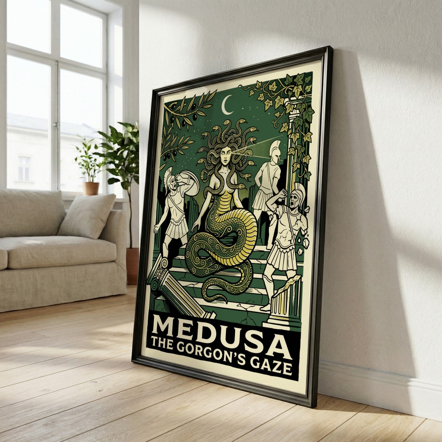 Medusa Greek Mythology poster in a graphic style, featuring the Gorgon and warriors, with dark green and
