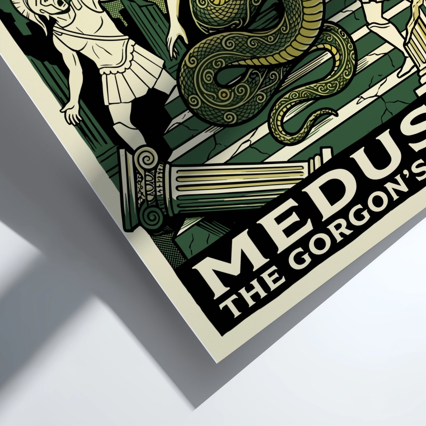 Medusa Greek Mythology poster in a graphic style, featuring the Gorgon and warriors, with dark green and