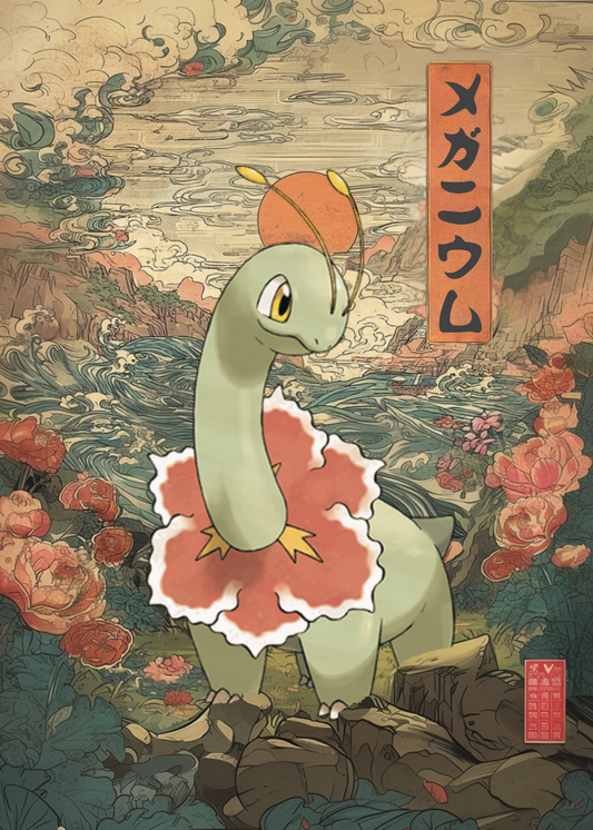 Meganium Pokemon with a flower on its head against a stylized landscape background