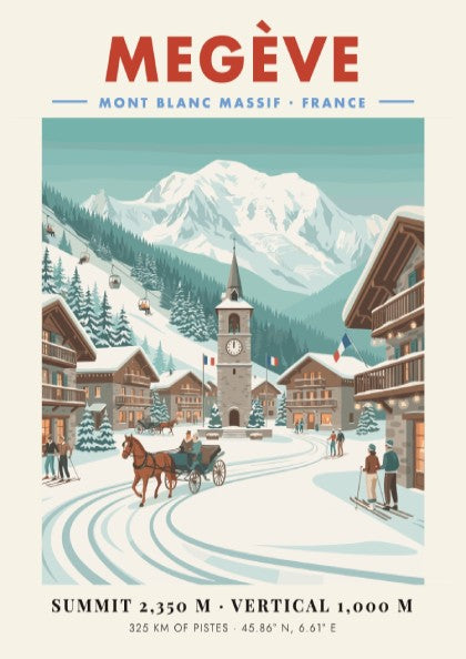 Megève ski resort poster showcasing vintage winter scene with snow-covered mountains and chalets