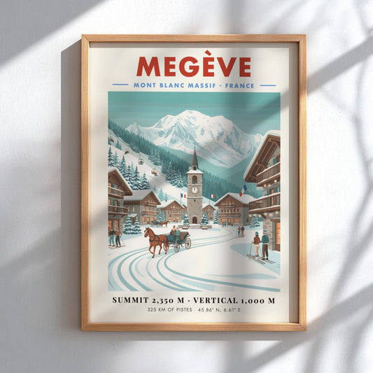 Megève ski resort poster showcasing vintage winter scene with snow-covered mountains and chalets
