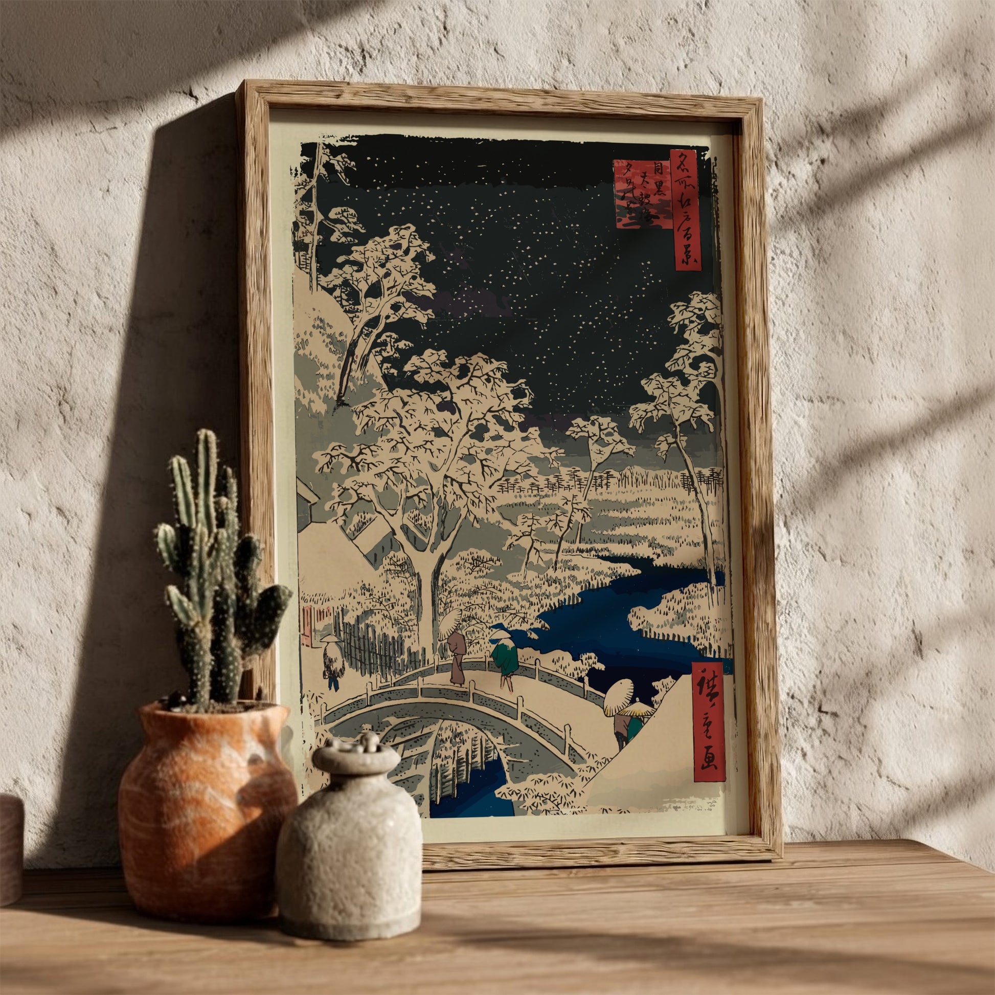 Japanese woodblock print poster of a snowy night scene with a bridge, trees, and stars.